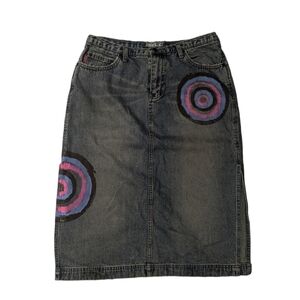 Vintage 90s Lady Enyce Denim Midi Skirt Y2K Painted Graphic Streetwear Size 8